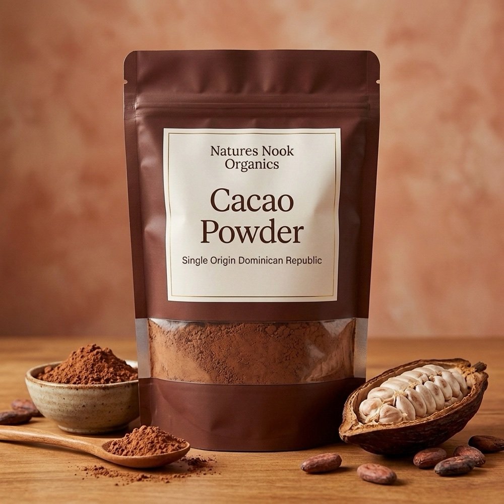 Natures Nook Organics Cacao Powder pouch, 4 oz, single origin Dominican Republic